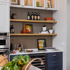 Open Shelving and Wine Refrigerator in Kitchen
