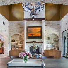 Mediterranean Living Room With Stone Walls