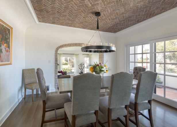 brick ceiling in dining room