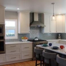 Transitional Kitchen With Gray Barstools