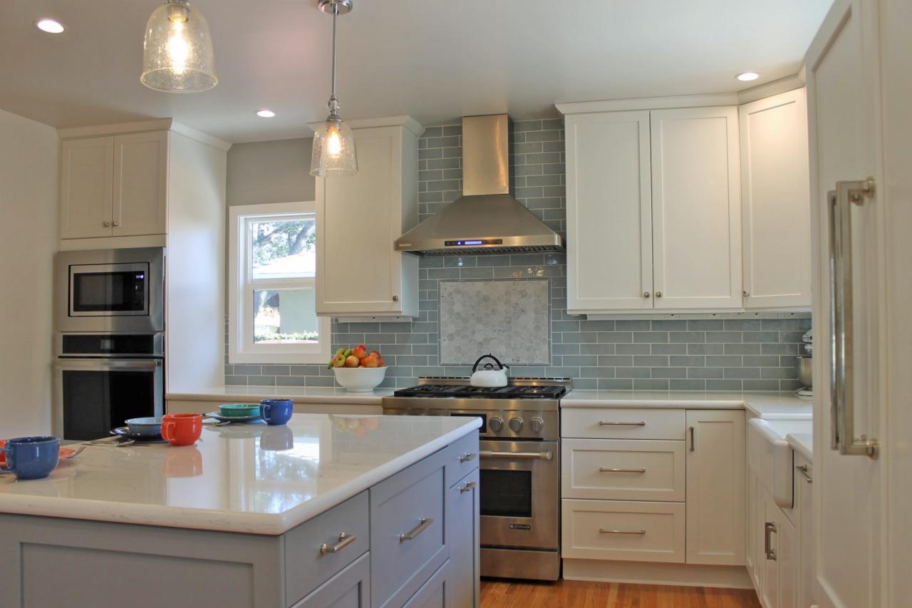 White Transitional Kitchen With Blue Glass Backsplash Hgtv