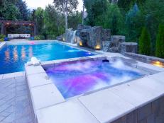 Hot Tub With Colorful Lights, Swimming Pool And Pergola With Lighting