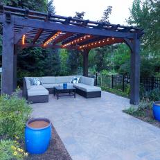 Large Lighted Pergola With Wicker Sectional Seating