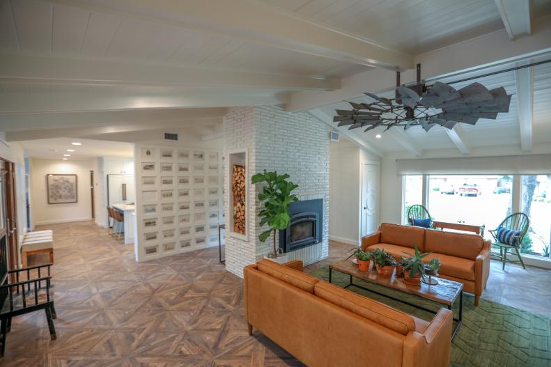 Wide shot of the Thinnes living room and hallway on reveal day.