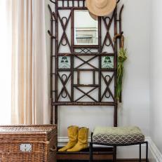 Bamboo Coat and Shoe Rack, Wicker Storage Chest in Foyer