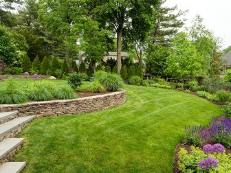 Lawn and Stone Retaining Wall