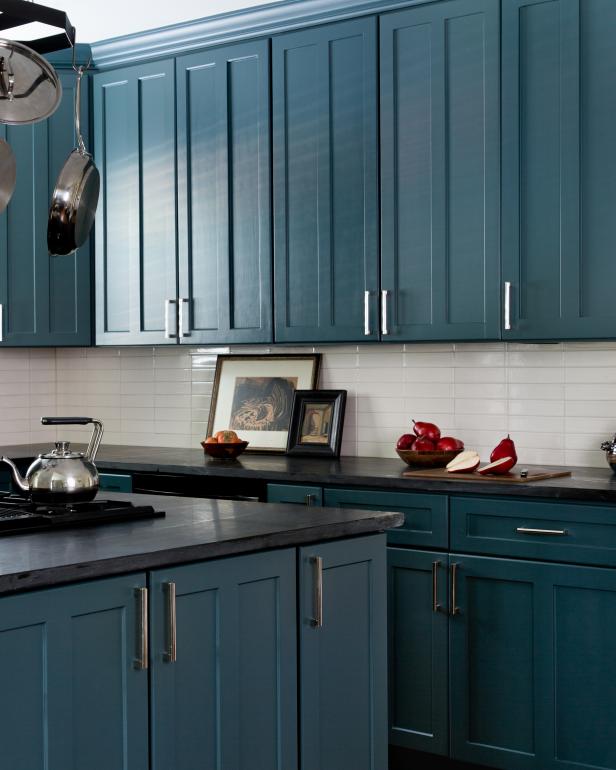 Blue Open Plan Kitchen With Pot Rack | HGTV