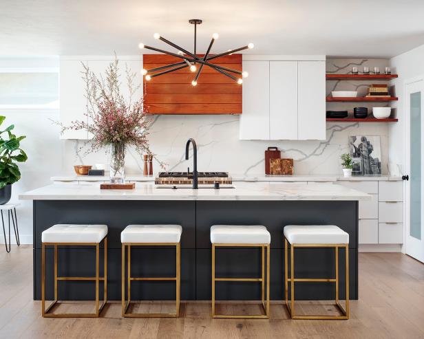 Clean Lines, Lots of Light, Striking Chandelier in Modern Kitchen