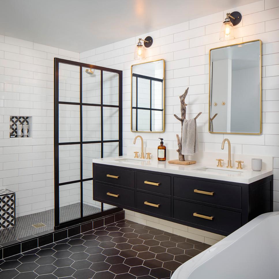 White Modern Double Vanity Bathroom, Black Vanity Bathroom