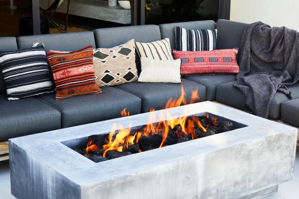 Gray Sectional and Fire Pit