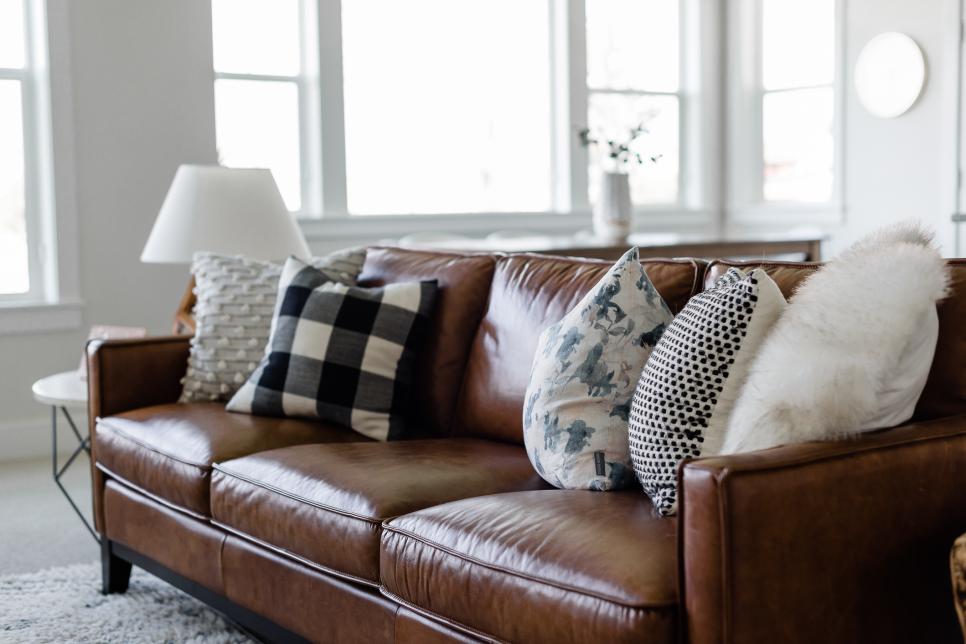 White Sitting Room Features Brown, Pillows For Leather Sofa