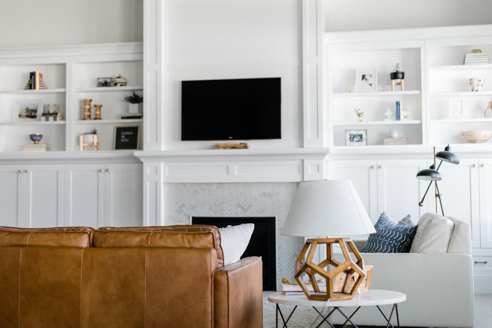 White Living Room With Fireplace Built, Family Room Cabinets Around Fireplace