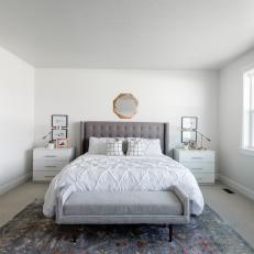 Gray and White Bedroom with Upholstered Headboard, Velvet Bench