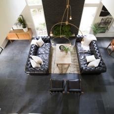 Modern Black and White Great Room with Black Sofas