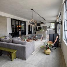 Urban Gray Living Room with Green Bench 