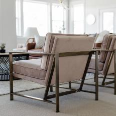 Neutral Velvet Armchairs with Metal Frames in Open-Plan Living Room
