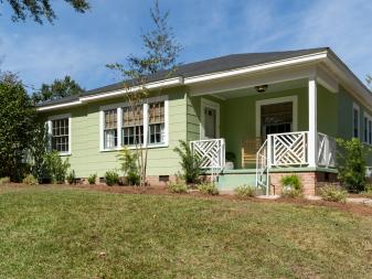 As seen on Home Town, Ben and Erin Napier have completely renovated the Keller Residence in Laurel, Mississippi.  The dreary white paint and large porch awning has been removed.  New paint, landscaping and porch railings now brighten the exterior of the house. (After 2)