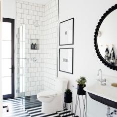 Black and White Bathroom With Striped Floor