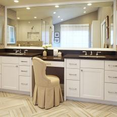 Neutral Master Bathroom With Double Vanity and Makeup Counter