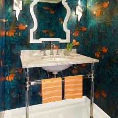 Powder Room with Dramatic Nautical Wallpaper and Single Vanity