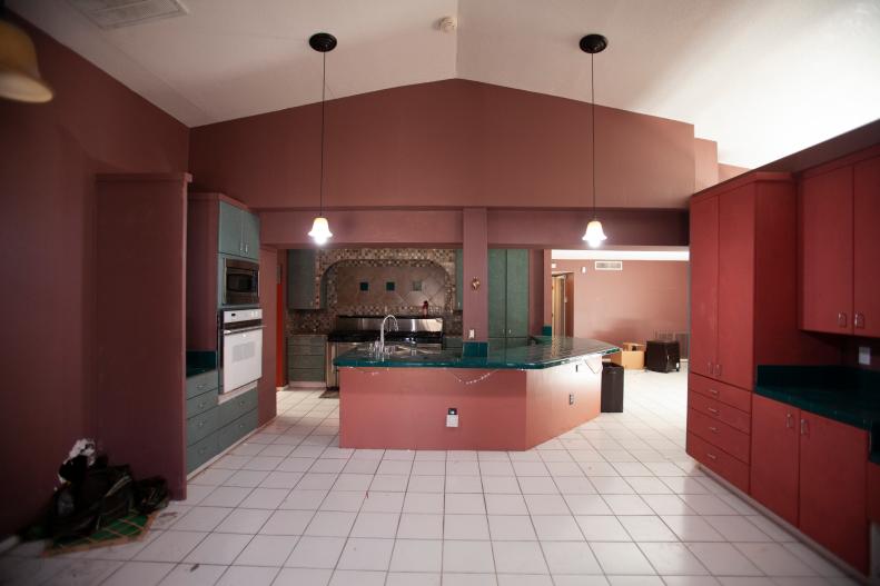 The original giant kitchen in the home that Bristol and Aubrey are renovating together, this kitchen has the strangest layout of all the homes that they have renovated as seen on Flip or Flop Vegas