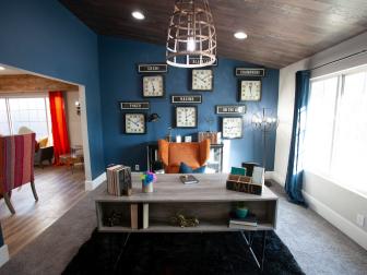 The new modern office, with a clock theme, in the home that Aubrey and Bristol Marunde renovated together, this room was originaly the living room as seen on Flip or Flop Vegas
