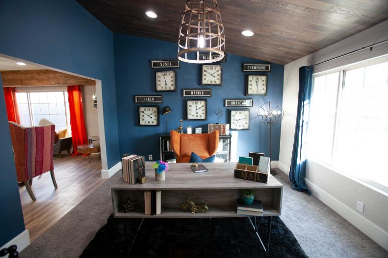 The new modern office, with a clock theme, in the home that Aubrey and Bristol Marunde renovated together, this room was originaly the living room as seen on Flip or Flop Vegas