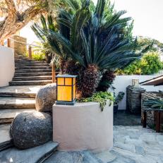 Outdoor Stone Stairs and Craftsman Lantern