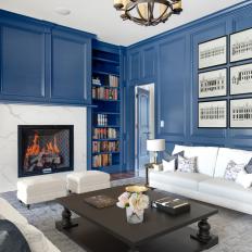 Blue Traditional Library With Fireplace