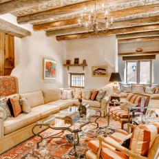Southwestern Living Room Boasts Adobe Fireplace