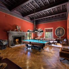 Red Billiards Room in Mediterranean-Style Estate