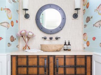 Powder Room With Fish Wallpaper