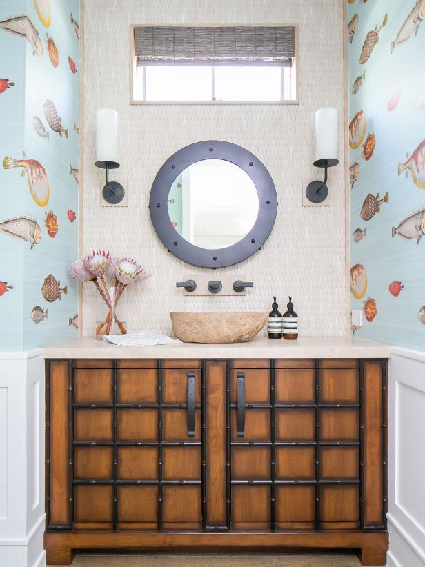 Beach Theme Bathroom Ideas : 20 Beach Bathroom Decor Ideas Beach Themed Bathroom Decorating - Below the wallpaper is white subway tile.