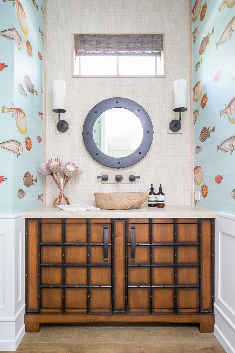 Powder Room With Fish Wallpaper