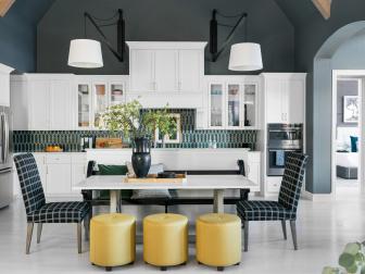 Gray Open Plan Kitchen and Yellow Stools