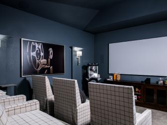 Blue Home Theater With Plaid Chairs