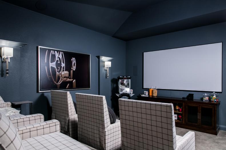 Blue Home Theater With Plaid Chairs