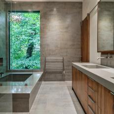 Gray Modern Spa Bathroom With Forest View