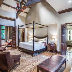 Wood Flooring, Arched Wood Beams Create Handsome Finish to Master Bedroom