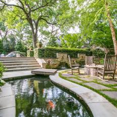 Fire Pit and Patio Edged by Koi Pond, Terraced Flower Beds