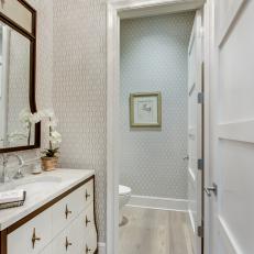 Gray Transitional Bathroom with Wallpaper