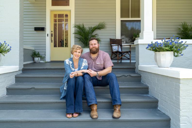 As seen on Home Town, Ben and Erin Napier (C) have fully renovated the home for Amy and her son, Michael in Laurel, MS.  The exterior of the Luker home features all new operable windows and an updated paint scheme that highlights the existing brick work. (portrait)