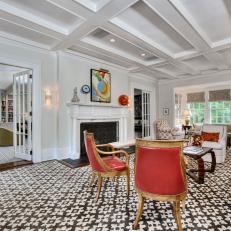 Patterned Area Rug Protects Hardwood Floors in Formal Living Room