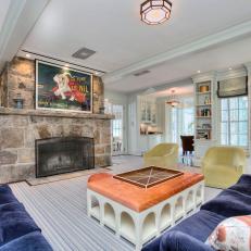 Transitional Family Room Centered By Stone Fireplace
