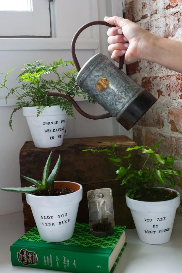 Stamp puns on small terra cotta pots, and fill with Mom's favorite plants this Mother's Day.