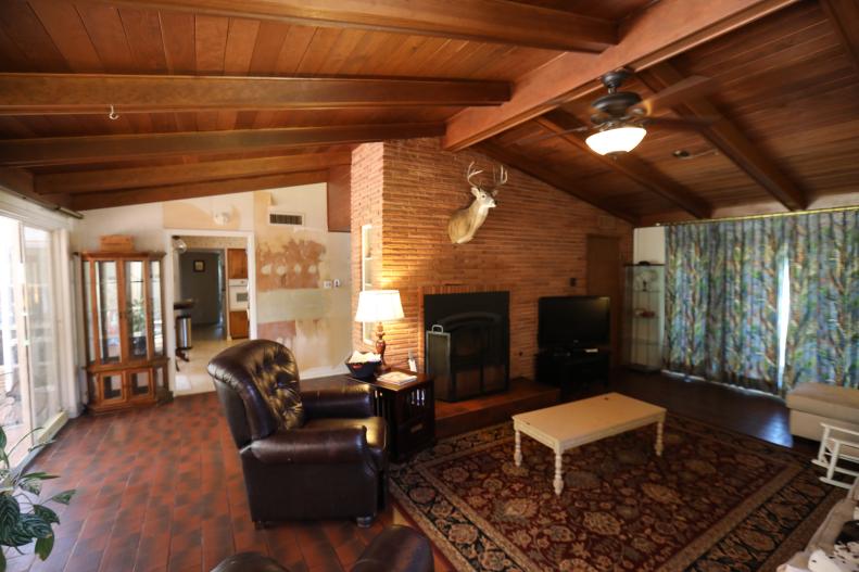 Interior wide shot of the Thinnes living room pre-renovation.