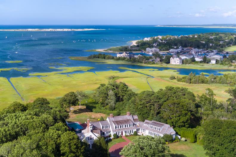 Aerial View of Large Estate with Marsh and Harbor