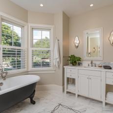 Transitional Master Bath With Black Clawfoot Tub, Marble Floors