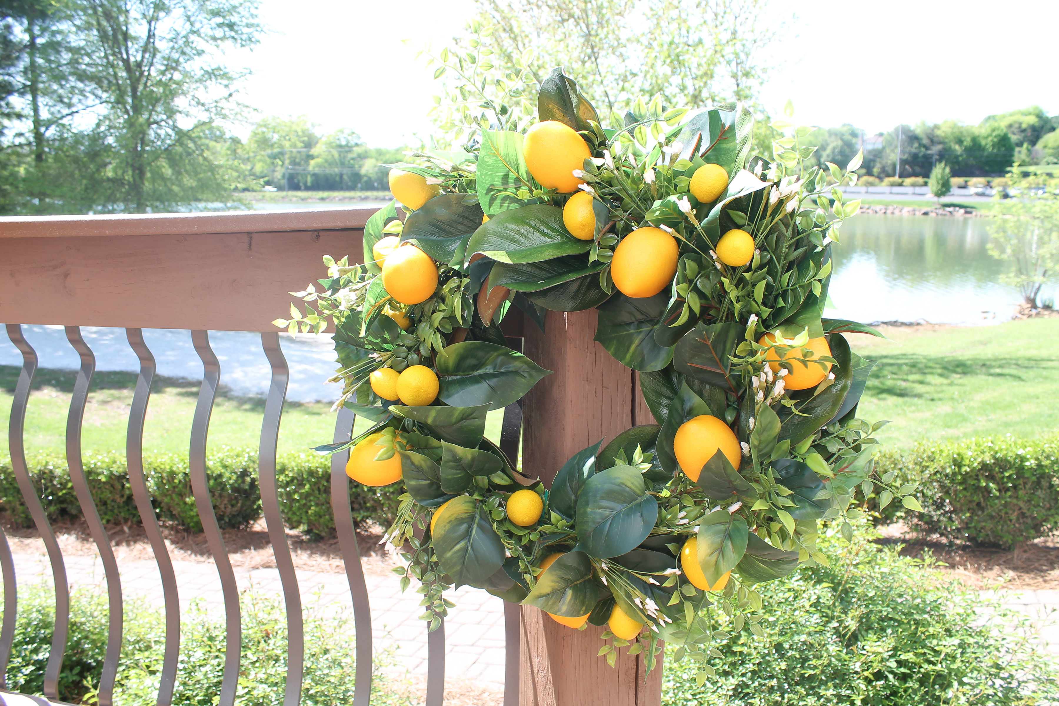 Firlar 15.7 Inch Artificial Lemon Wreath Handmade Lemon Garland with Green Leaves and Bowknot Front Door Wreath Simulation Fruit Wreath Spring Wreath for Wall Window Farmhouse Party Holiday Decor 
