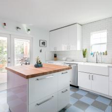 White Kitchen With Blue Check Floor
